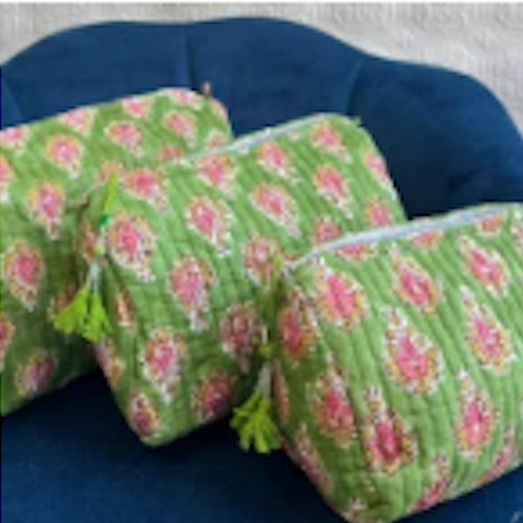 Quilted Wash Bag - Green & Pink
