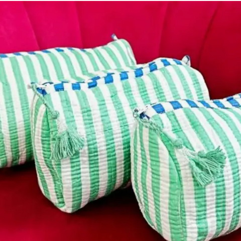 Quilted Wash Bag - Green Stripe