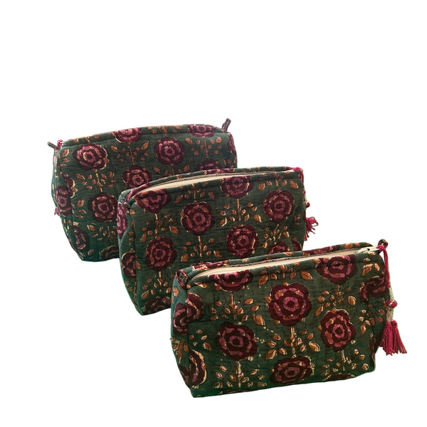Quilted Wash bag - Blue with Maroon/dark pink flowers