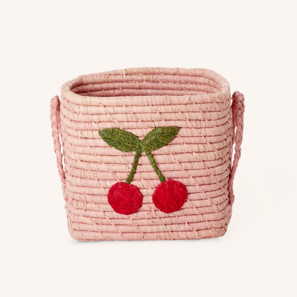 Raffia Square Basket with Embroidered Cherries