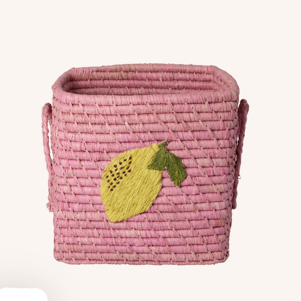 Raffia Square Basket with Embroidered Lemon