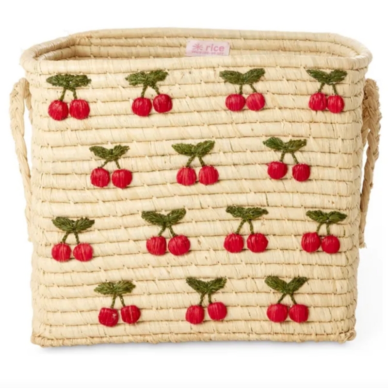 Raffia Square Basket with Small Cherries