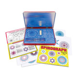 A spirograph drawing pad set with a blue plastic case, drawing tools, pattern guides, and several white paper sheets printed with colorful spiral geometric designs. The set is arranged on a plain white background.