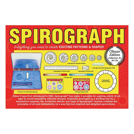A retail display card for Spirograph, featuring a blue plastic drawing tool in a case, multiple circular stencil wheels, and large yellow 'SPIROGRAPH' text on a red background.