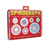Spirograph drawing kit in a red metal tin with a hanger tab, featuring the title 'SPIROGRAPH' in large yellow letters and several sample geometric patterns on the front, photographed on a white background.