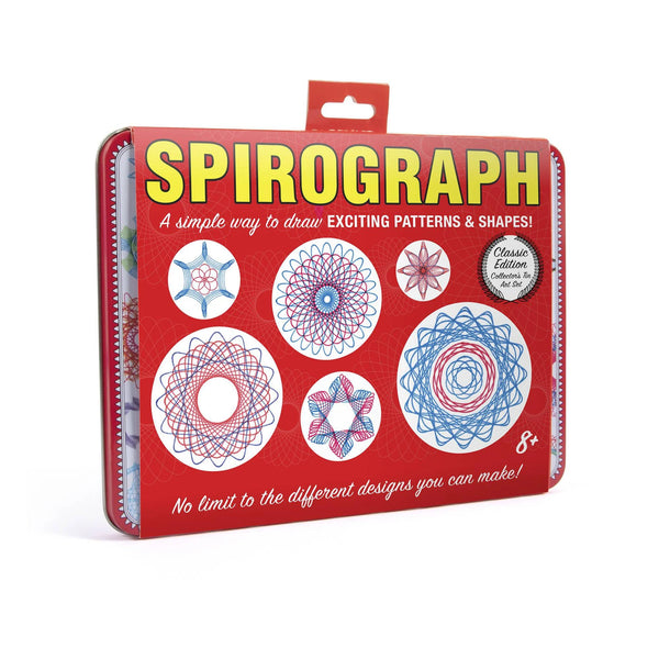 Spirograph drawing kit in a red metal tin with a hanger tab, featuring the title 'SPIROGRAPH' in large yellow letters and several sample geometric patterns on the front, photographed on a white background.