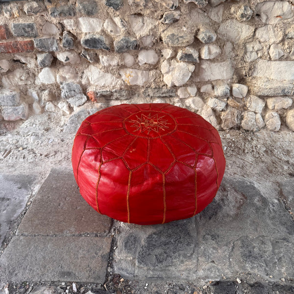 Retro North African Style Red Leather Pouffe
