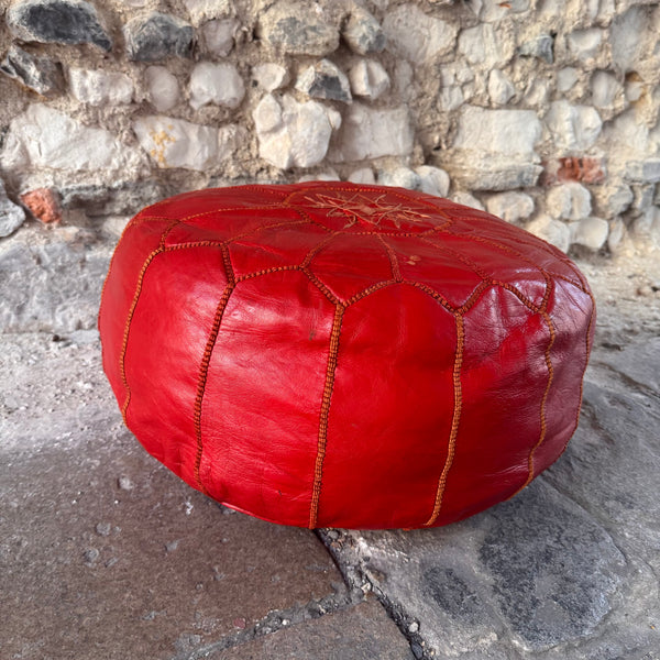 Retro North African Style Red Leather Pouffe side view 