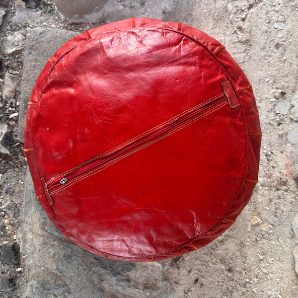 Retro North African Style Red Leather Pouffe underside