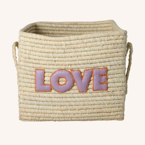 Rice Square Raffia Basket – 'Love' Sign, Natural