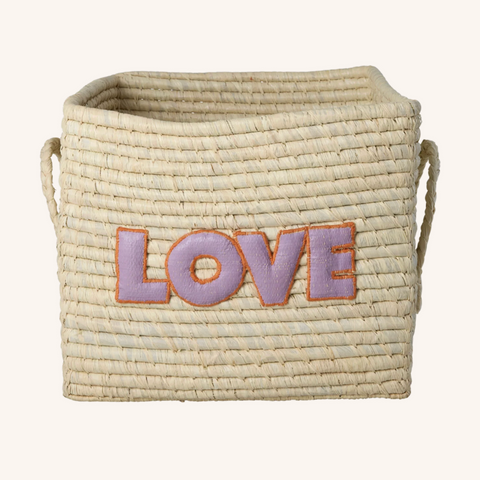 Rice Square Raffia Basket – 'Love' Sign, Natural