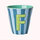 Rice Stripe Melamine Blue Alphabet Cups - A to Z Letter F