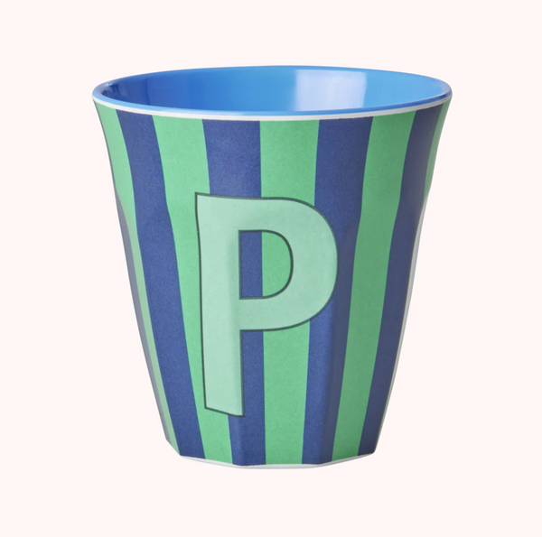 Rice Stripe Melamine Blue Alphabet Cups - A to Z Letter P