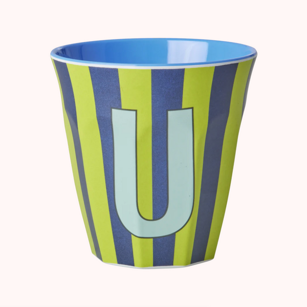 Rice Stripe Melamine Blue Alphabet Cups - A to Z Letter U