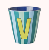 Rice Stripe Melamine Blue Alphabet Cups - A to Z Letter V
