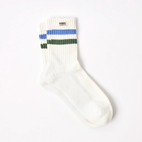 Windsor Stripe Crew Socks for Men in Malibu Blue/Forest