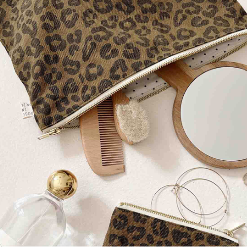 Rose In April Marie Purse Olive Leopard Print open with makeup