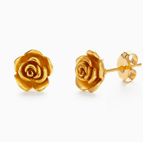 Gold rose-shaped earrings on a white background