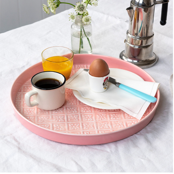 Round enamel trinket tray with items - Pink