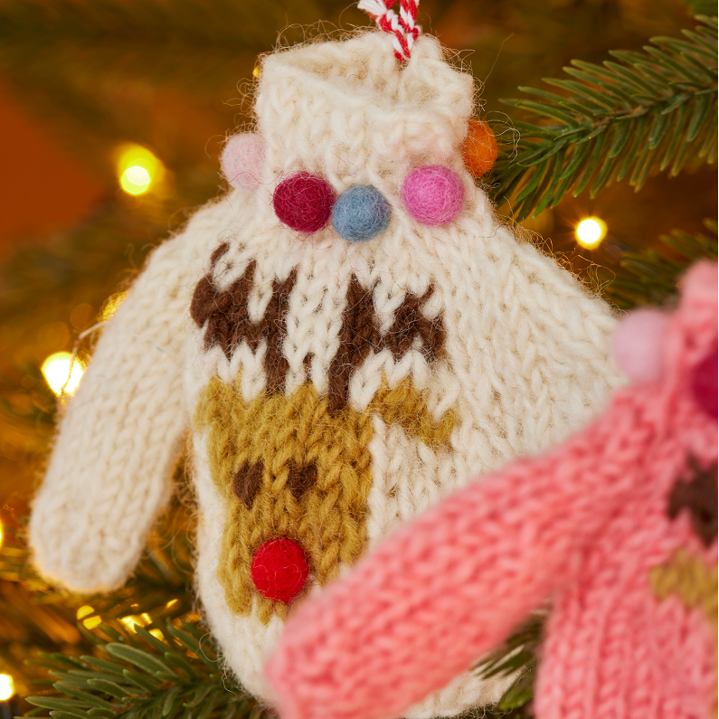 A close-up of a hand-knit Christmas ornament shaped like a small sweater or pouch, hanging on a pine tree. The ornament is cream-colored with a brown and tan animal face motif, pink and blue pom-poms, and a red-and-white striped hanging loop.