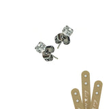 A pair of silver-toned stud earrings with clear faceted gemstones, shown floating above three tan paper strips printed with the words 'for everyone' and decorated with small clear rhinestones.