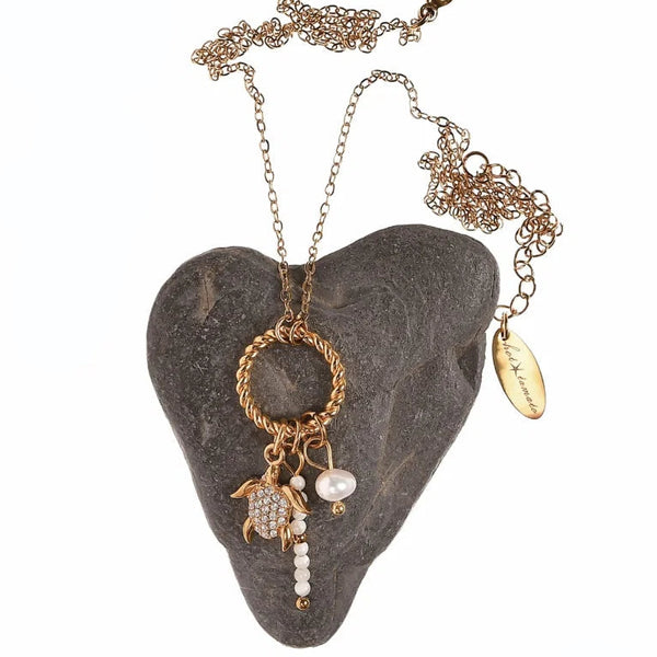 Hot Tomato Charm Cluster Necklace with Turtle - Gold & Pearl