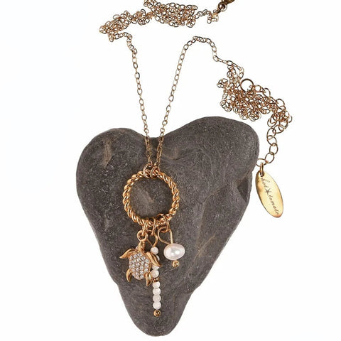 Hot Tomato Charm Cluster Necklace with Turtle - Gold & Pearl
