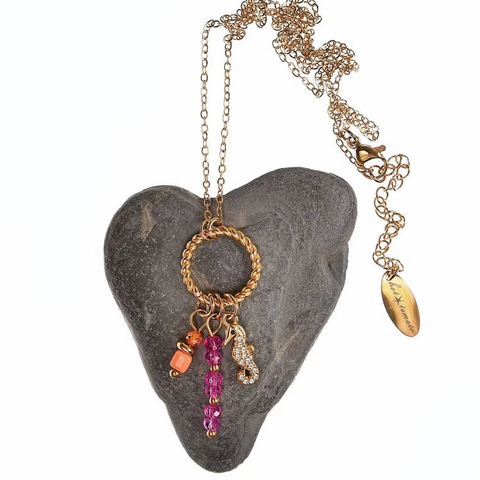 Hot Tomato Charm Cluster Necklace with Sea Horse - Gold & Fuschia