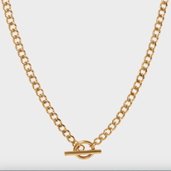 Gold chain necklace with a clasp on a white background