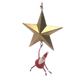 A gold five-pointed star Christmas ornament with a hanging Santa Claus figure below it, isolated on a white background.