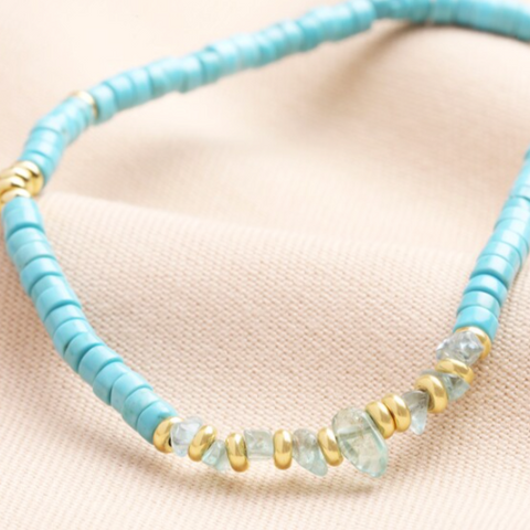 Blue Semi-Precious Heishi Beaded Necklace in Gold