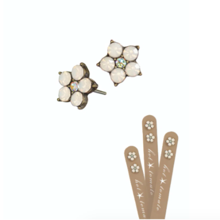 Hot Tomato Five Petal Floral Studs - Old Gold/White Opal