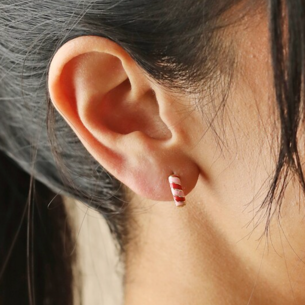 Lisa Angel Enamel Striped Huggie Hoop Earrings Red Pink The