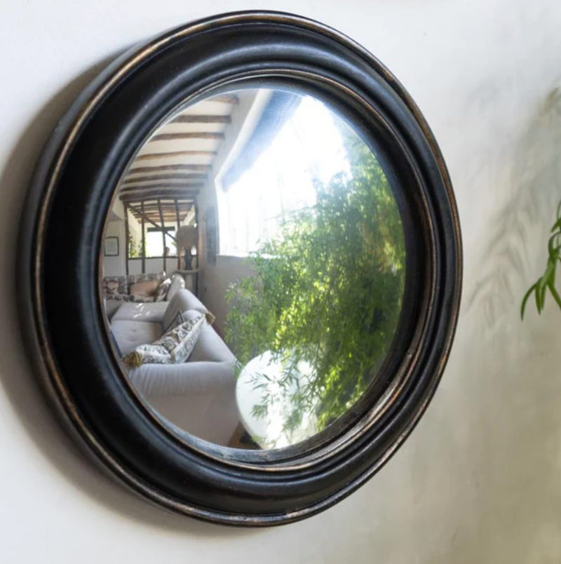 Antiqued Black Rounded Framed Convex Mirror