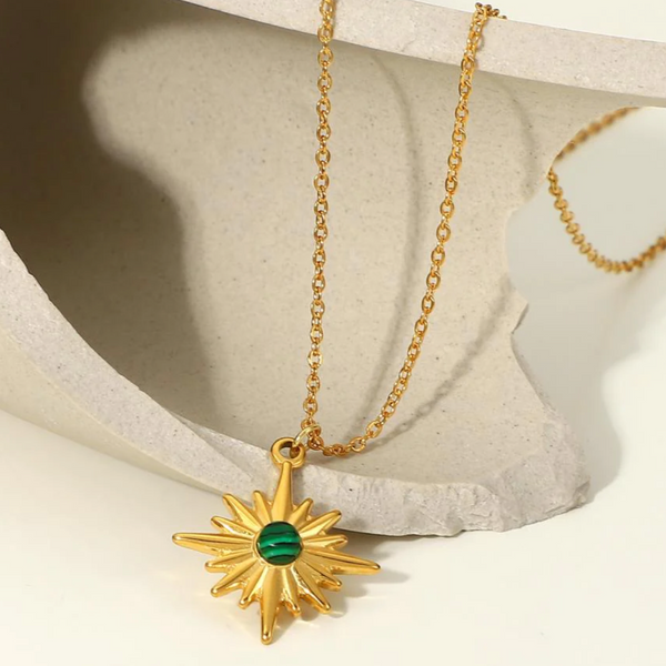 Gold Starburst Necklace with Green Stone