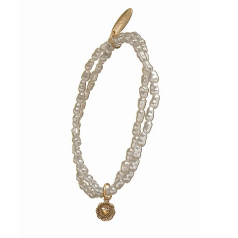 Faux Pearl Double Bracelet with Gold Heart Charm