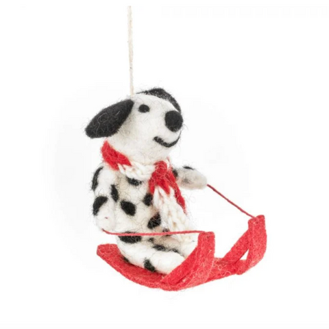 Handmade Felt Sledging Dalmatian Hanging Decoration