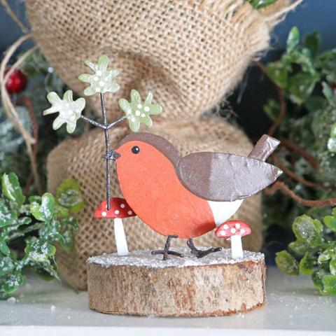 Robin With Mistletoe & Toadstool Christmas Block