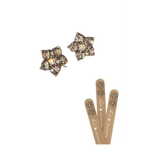Hot Tomato Five Petal Floral Stud - Old Gold/Black Diamond