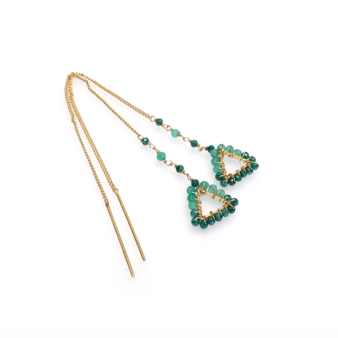 Green Onyx & Crystals Thin Chain Earrings