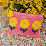 Velvet Triple Flower Pouch in Pink & Yellow