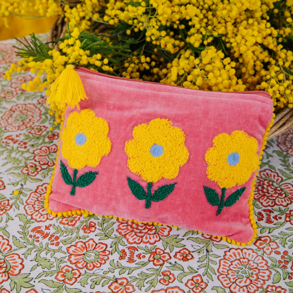 Velvet Triple Flower Pouch in Pink & Yellow