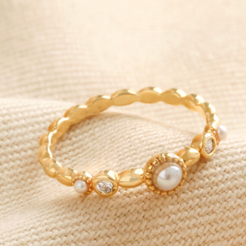 Dainty Pearl and Crystal Ring in Gold - Lisa Angel
