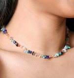 Multicoloured Semi-Precious Stone Chip Necklace in Gold