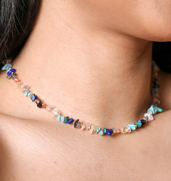 Multicoloured Semi-Precious Stone Chip Necklace in Gold