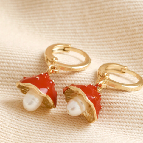 Enamel Toadstool and Pearl Huggie Hoop Earrings in Gold - Lisa Angel