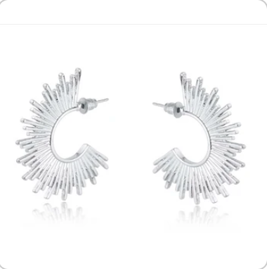 Big Metal Amanda Half Disc Sunburst Earrings - Silver