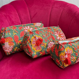 Quilted Wash Bags- Green & Red Flowers