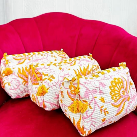 Quilted Wash Bag - Pink & Mustard