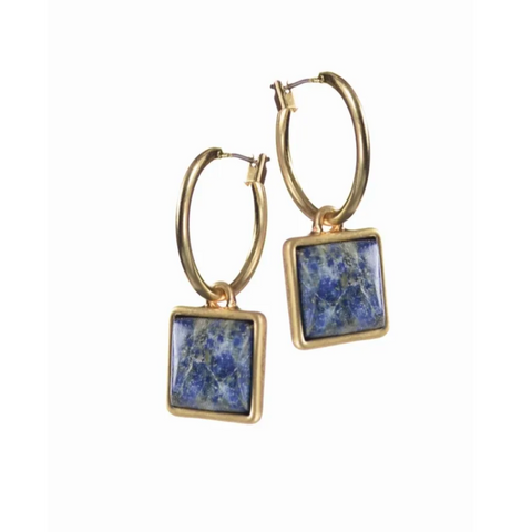 Hot Tomato Hoops W/Stone Sq Drops  Worn Gold/Peruvian Sodalite